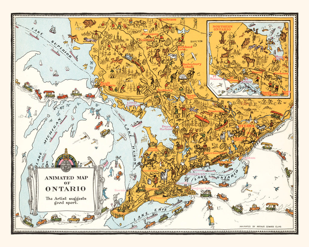 Vintage Animated Map of Ontario, Canada 1929