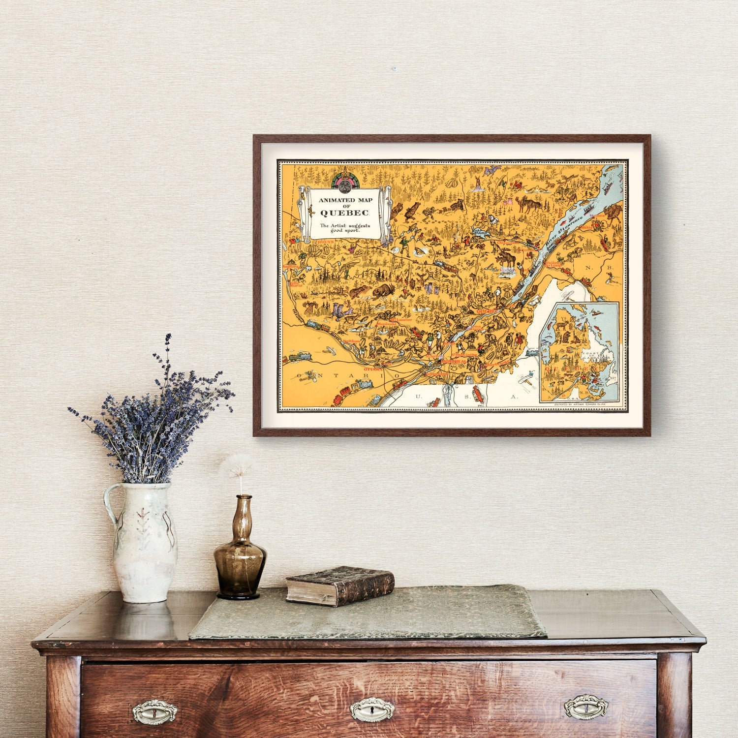 Vintage Animated Map of Quebec, Canada 1929
