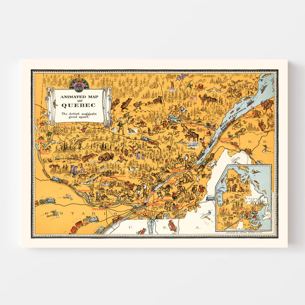 Vintage Animated Map of Quebec, Canada 1929