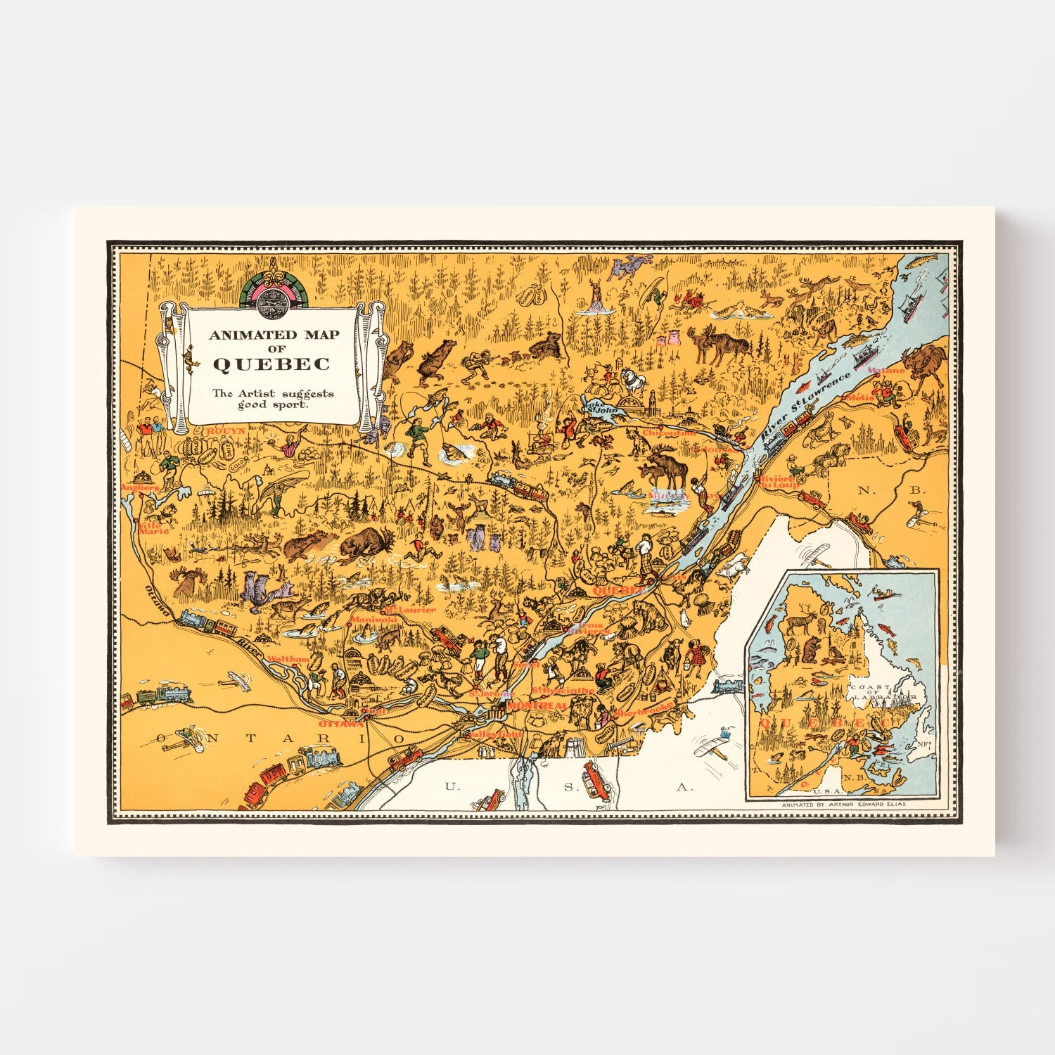 Vintage Animated Map of Quebec, Canada 1929