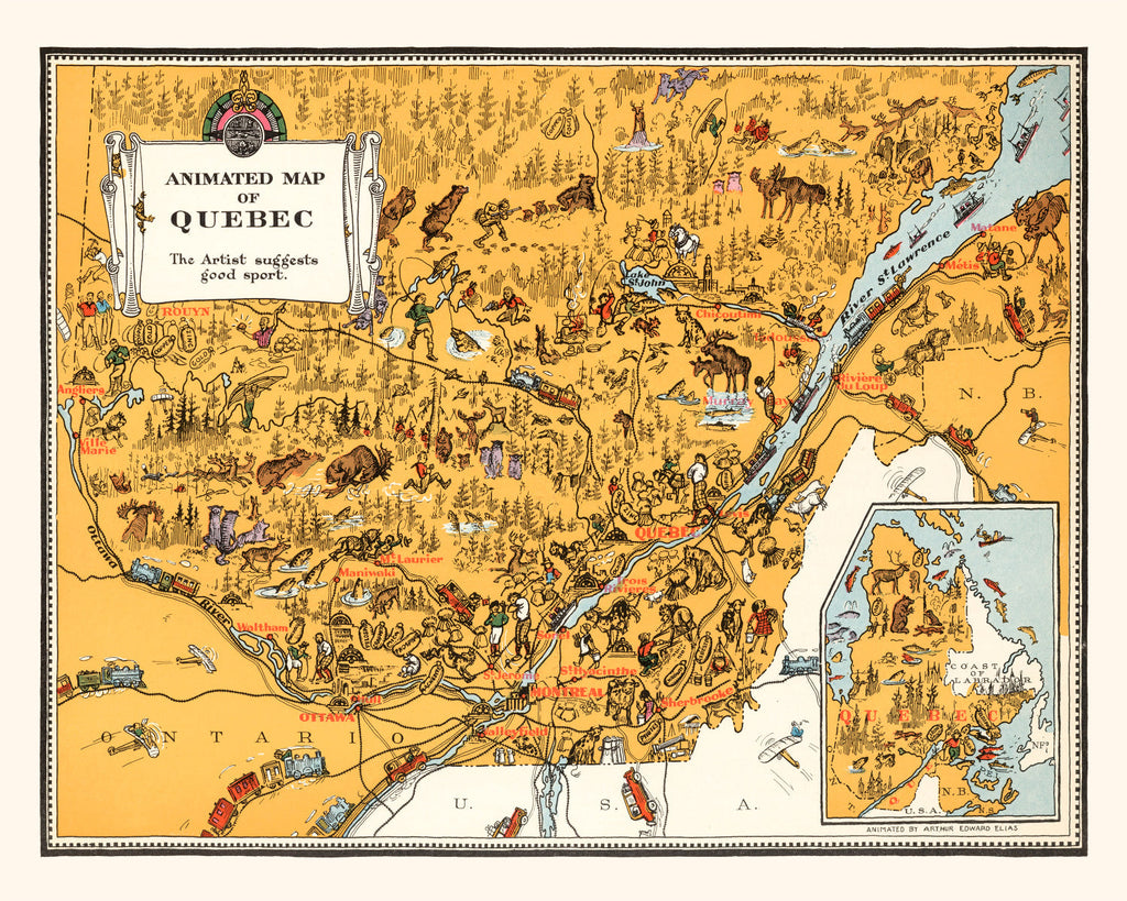 Vintage Animated Map of Quebec, Canada 1929