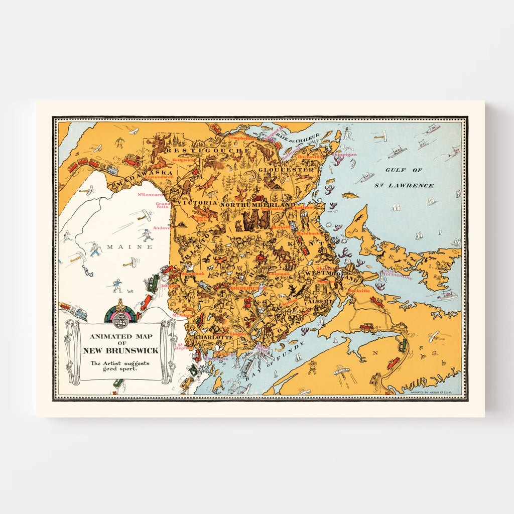 Vintage Animated Map of New Brunswick, Canada 1929