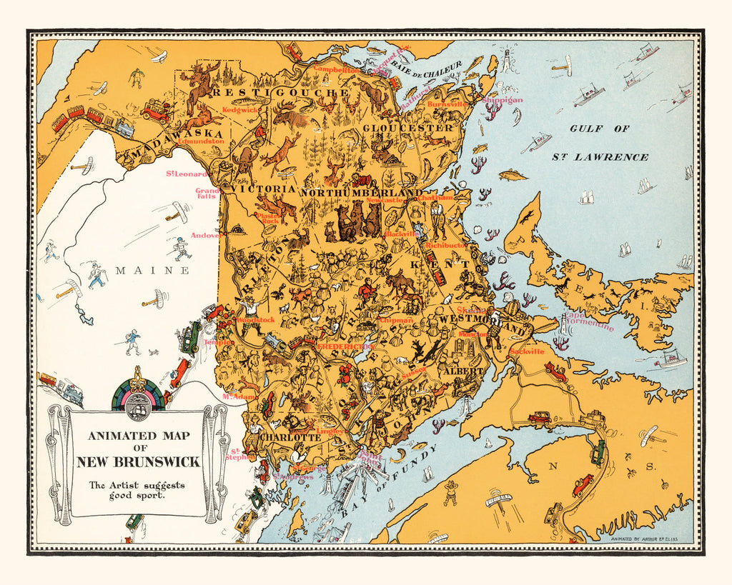 Vintage Animated Map of New Brunswick, Canada 1929