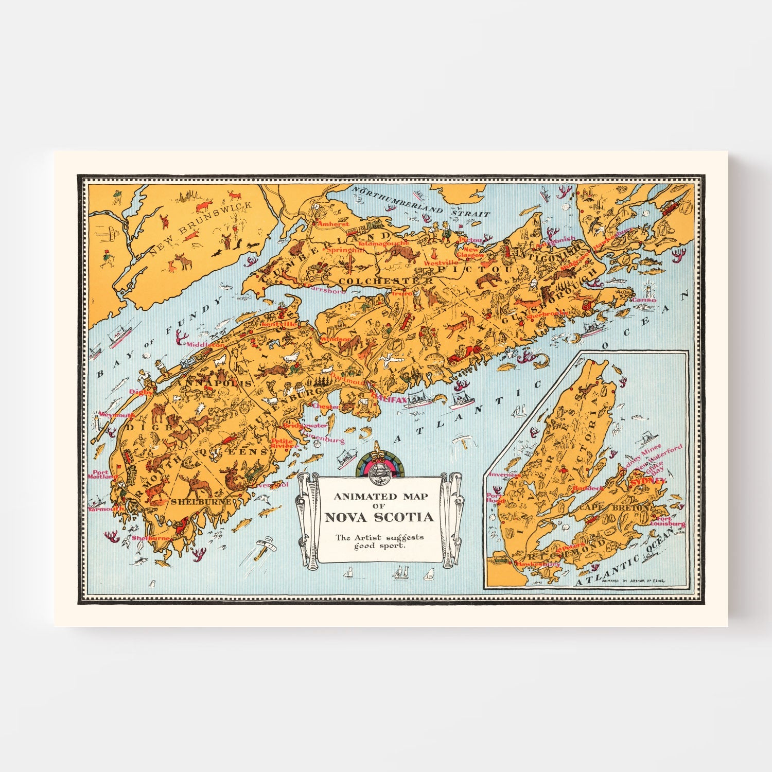 Vintage Animated Map of Nova Scotia, Canada 1929