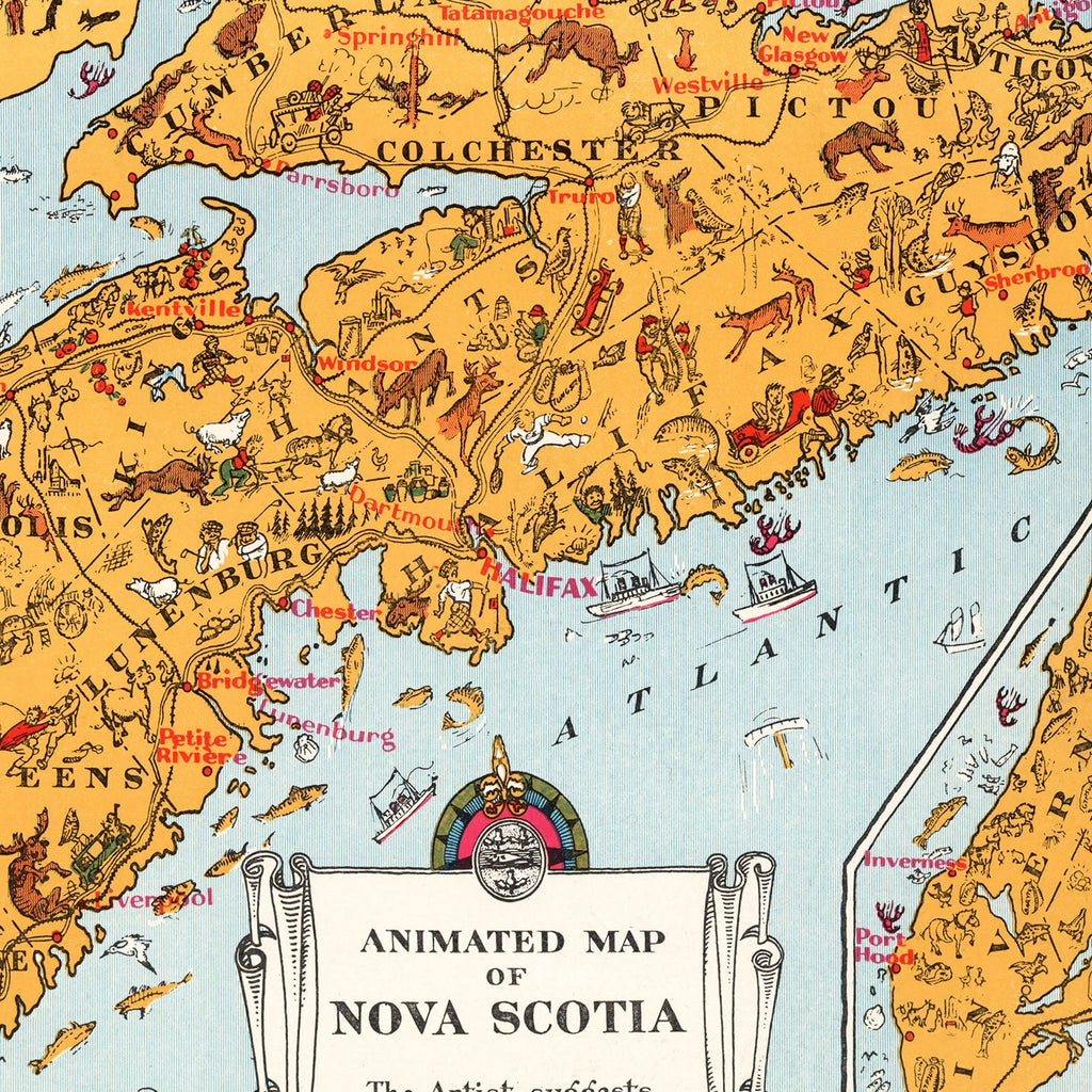 Vintage Animated Map of Nova Scotia, Canada 1929