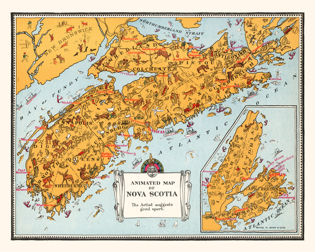 Vintage Animated Map of Nova Scotia, Canada 1929