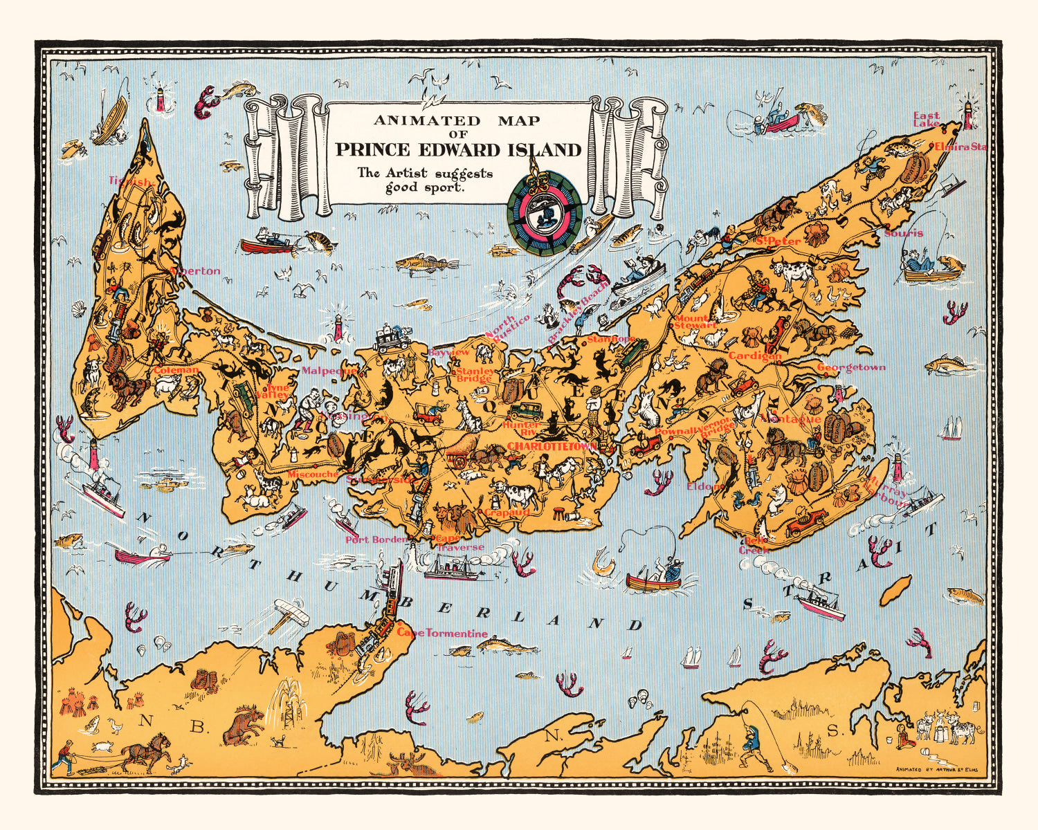 Vintage Animated Map of Prince Edward, Island Canada 1929