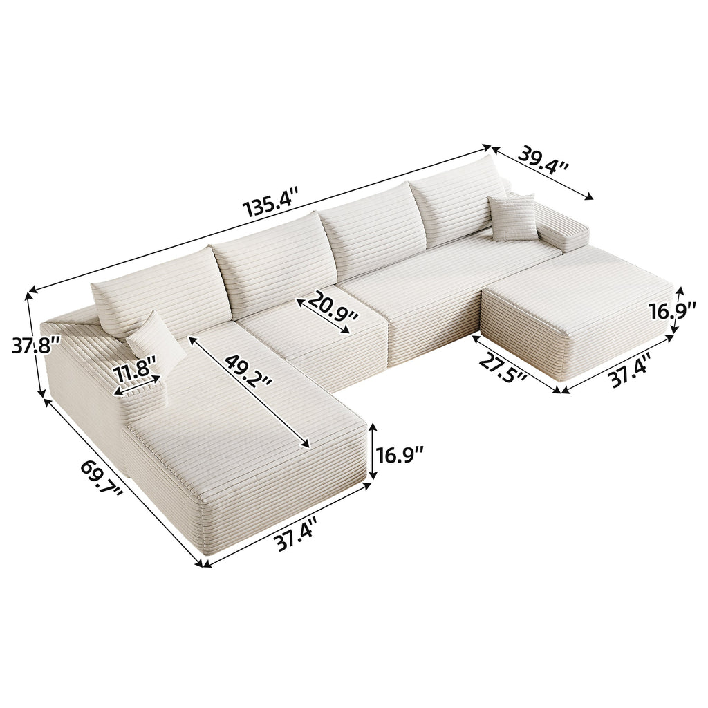 135' Cloud Sectional Sofa with 1 Ottoman,Modern Minimalist Upholstered Couches, Comfort U Shaped Sofa for Living Room,Deep Seat Corner Couch,No Assembly Required,Black (Plush Corduroy Fabric),White