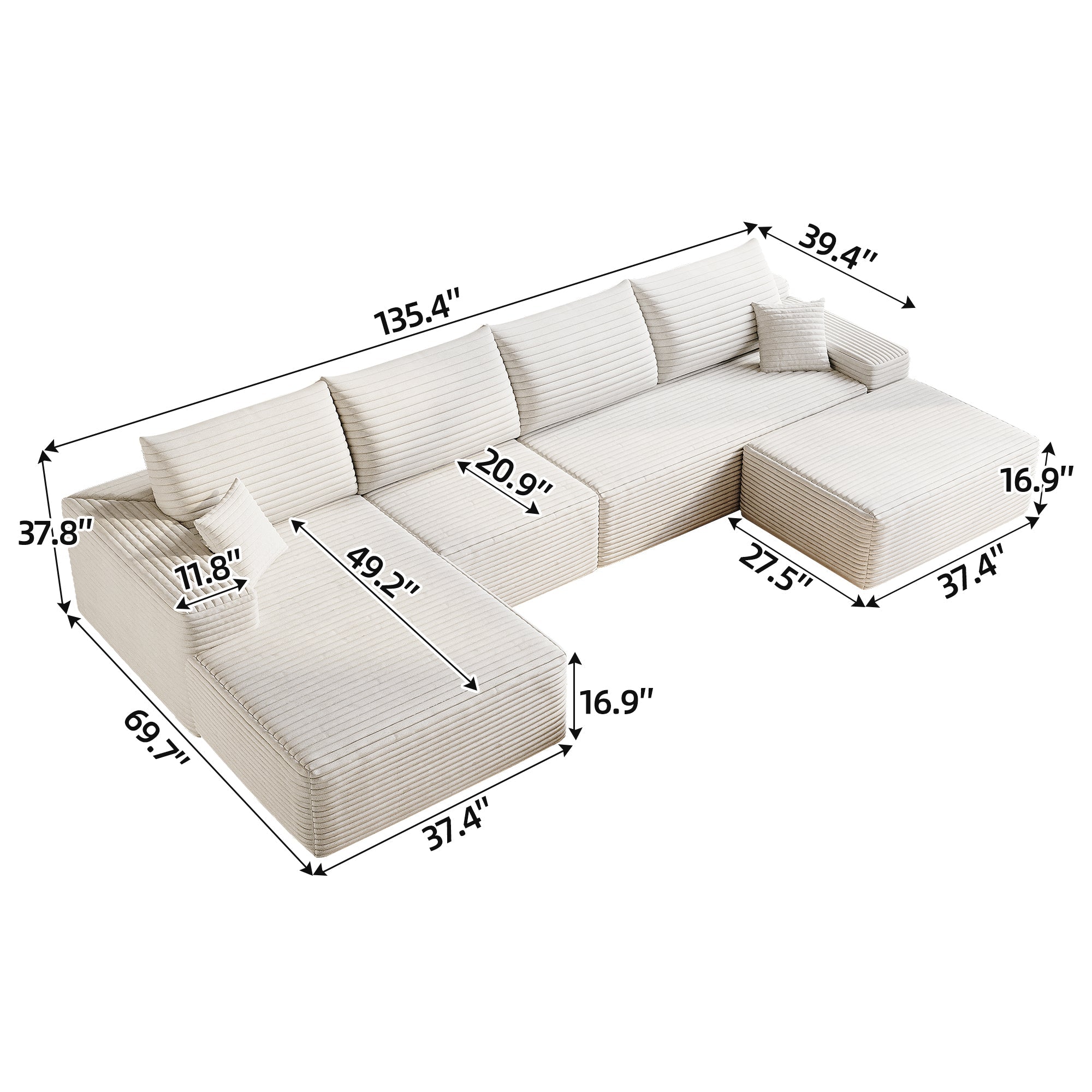 135' Cloud Sectional Sofa with 1 Ottoman,Modern Minimalist Upholstered Couches, Comfort U Shaped Sofa for Living Room,Deep Seat Corner Couch,No Assembly Required,Black (Plush Corduroy Fabric),White