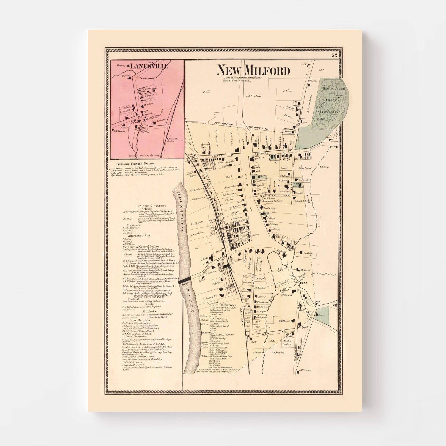 Vintage Map of Lanesville, Connecticut 1867
