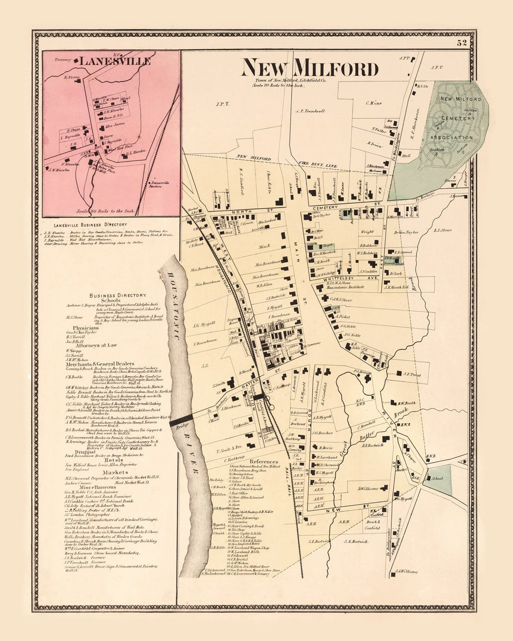 Vintage Map of Lanesville, Connecticut 1867