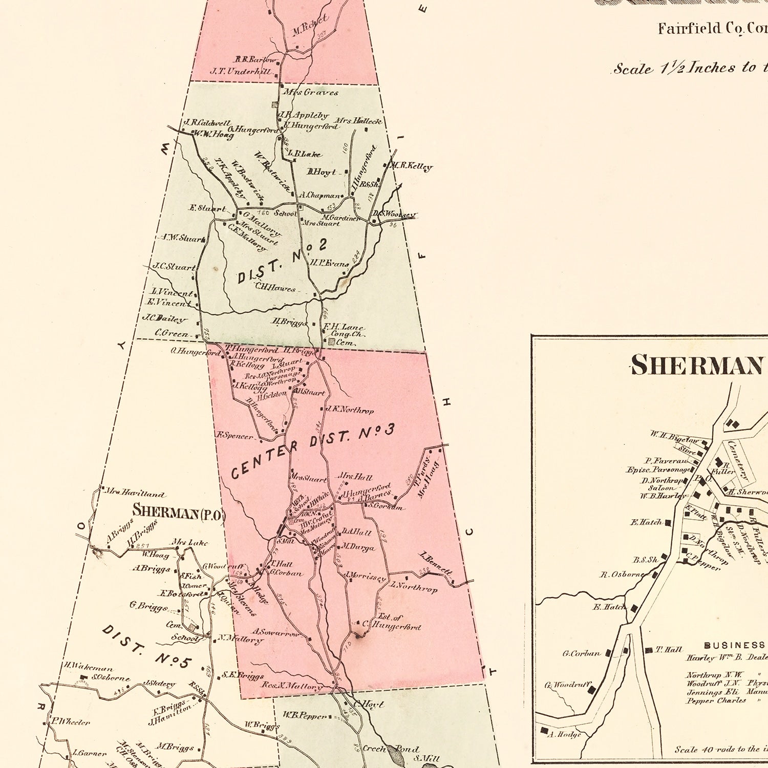 Vintage Map of Sherman, Connecticut 1867