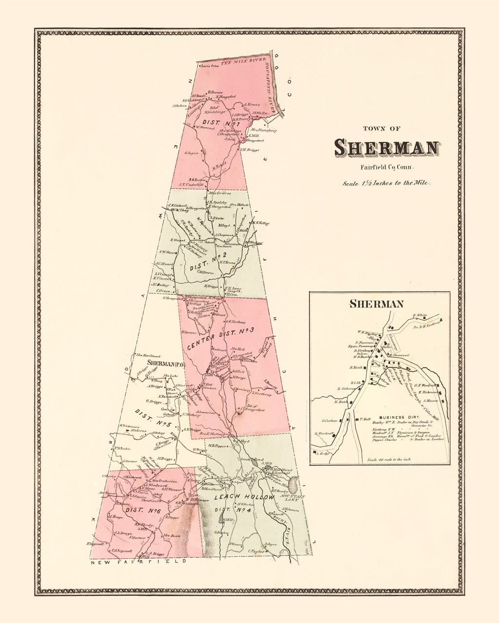Vintage Map of Sherman, Connecticut 1867