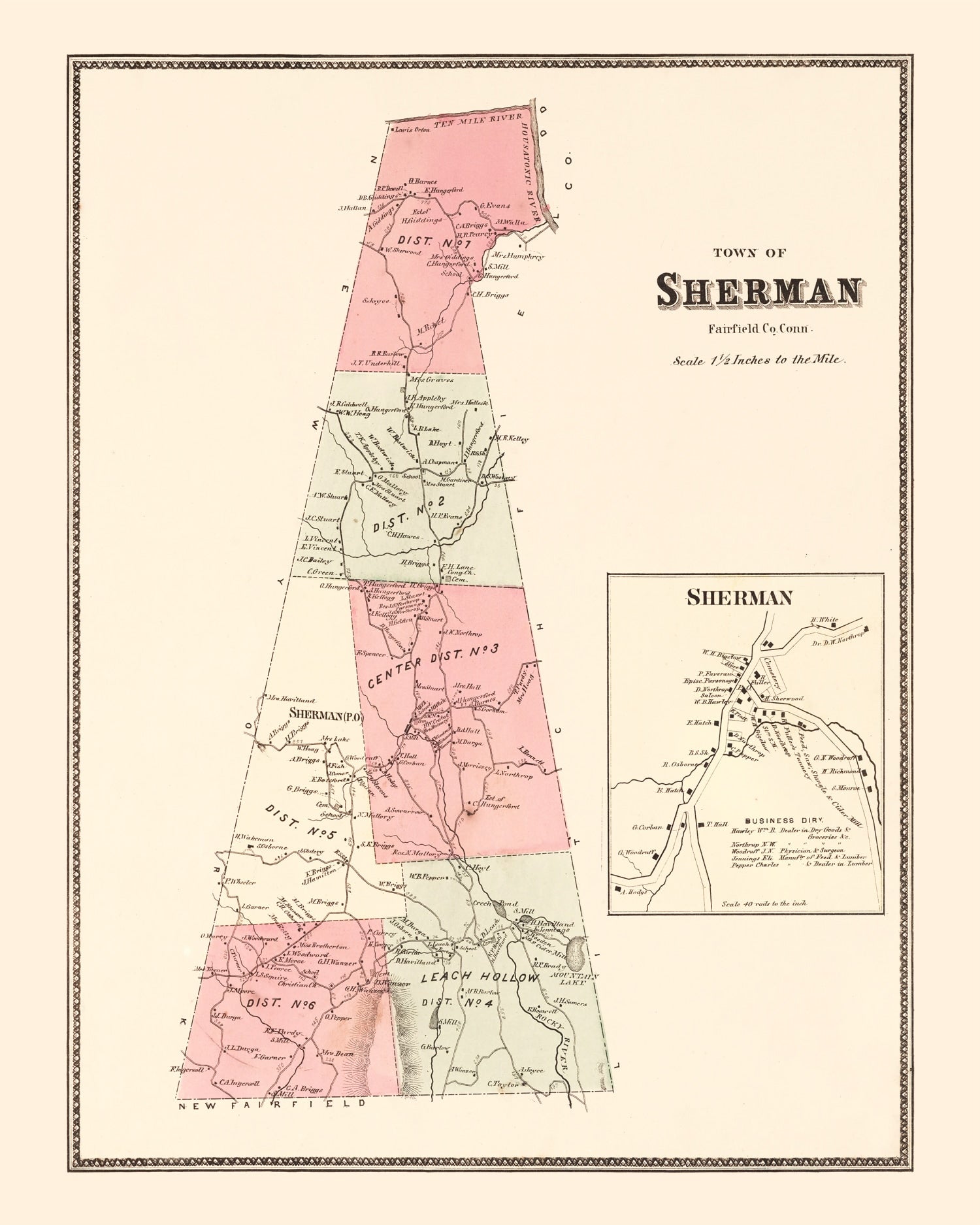 Vintage Map of Sherman, Connecticut 1867