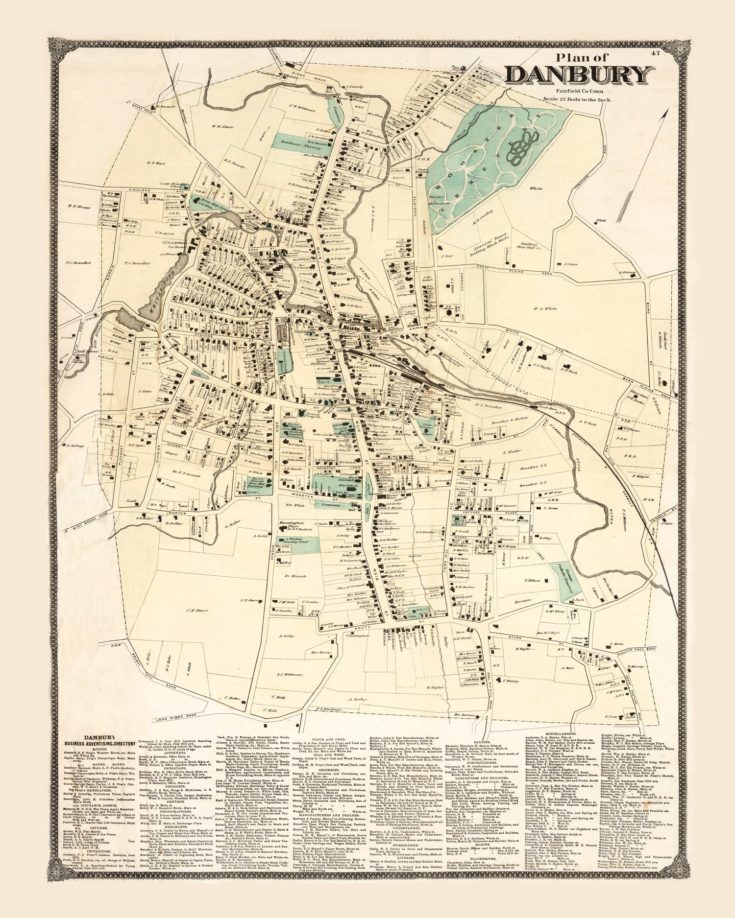 Vintage Map of Danbury, Connecticut 1867