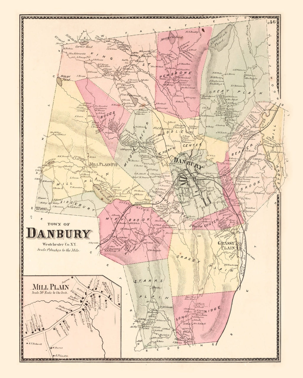 Vintage Map of Mill Plain, Connecticut 1867