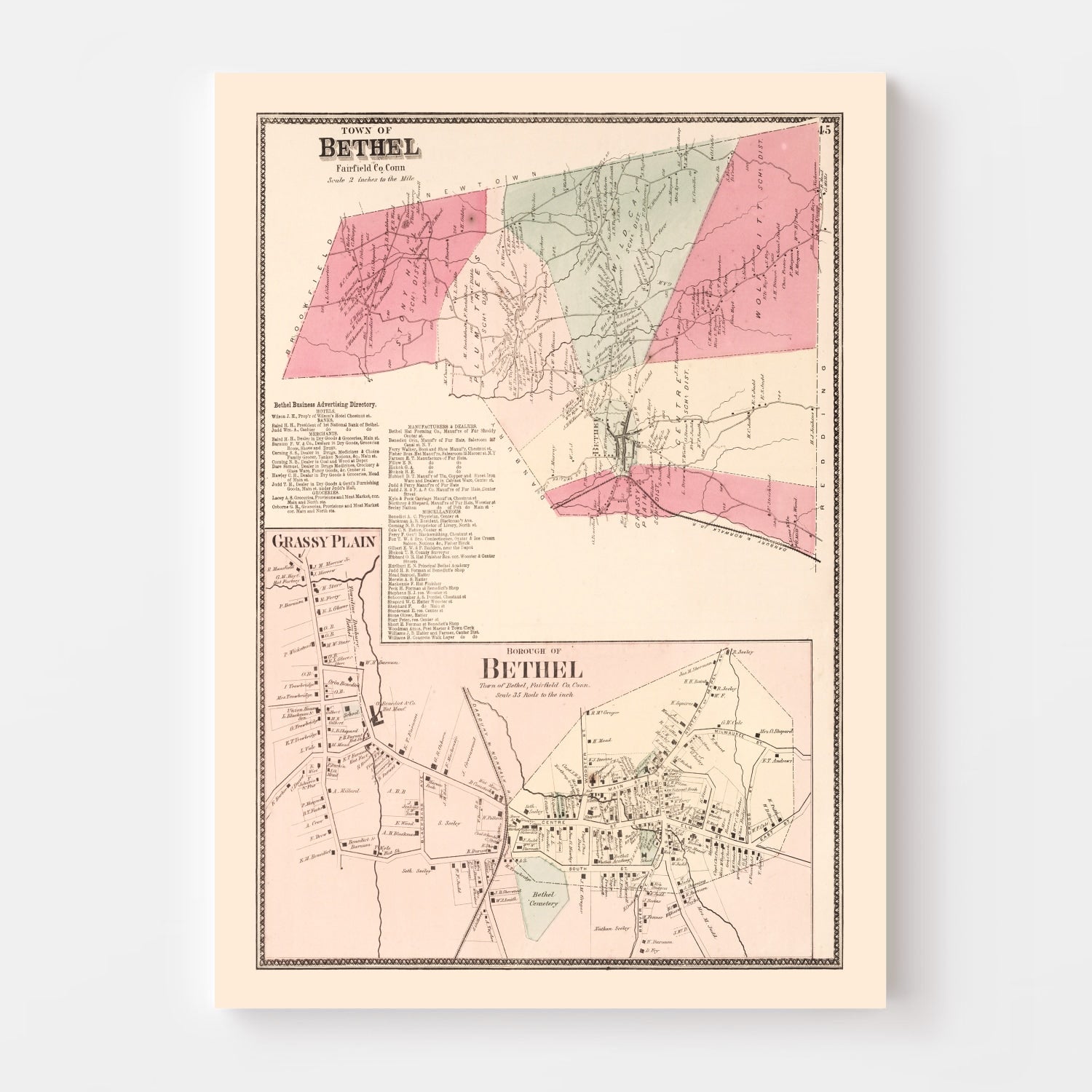 Vintage Map of Grassy Plain, Connecticut 1867