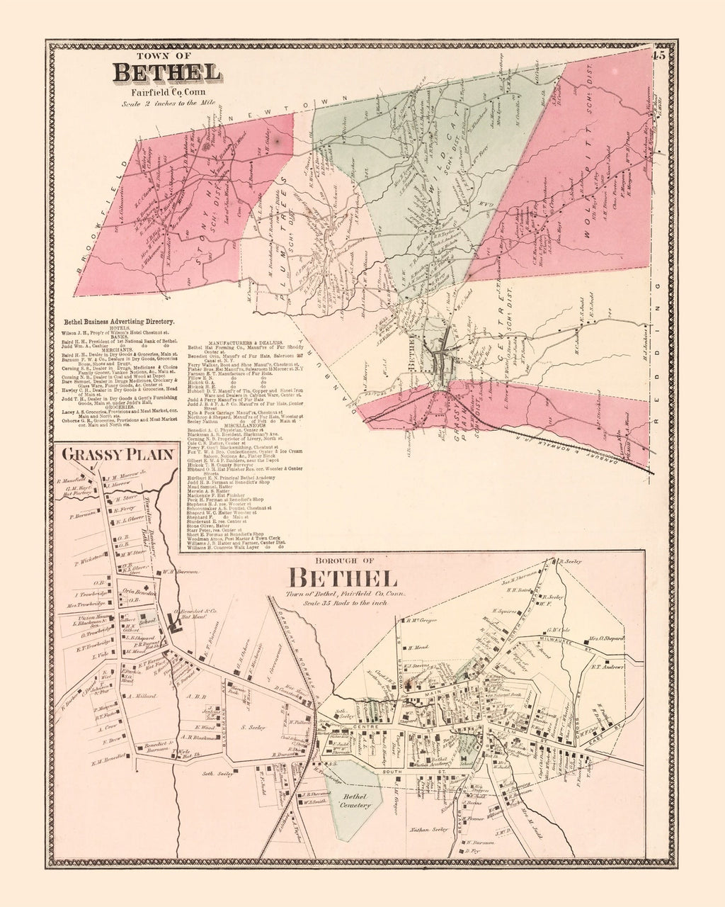 Vintage Map of Grassy Plain, Connecticut 1867