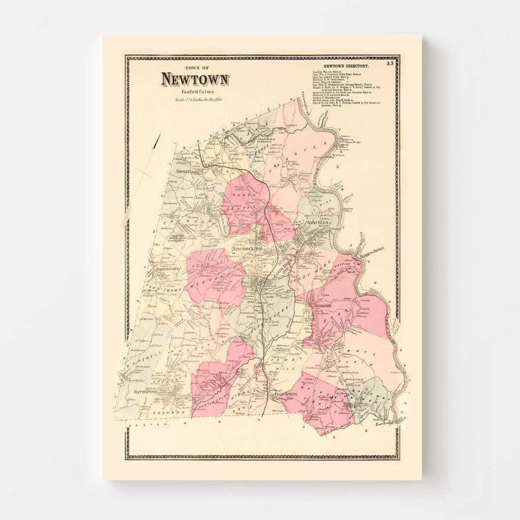 Vintage Map of Newtown, Connecticut 1867