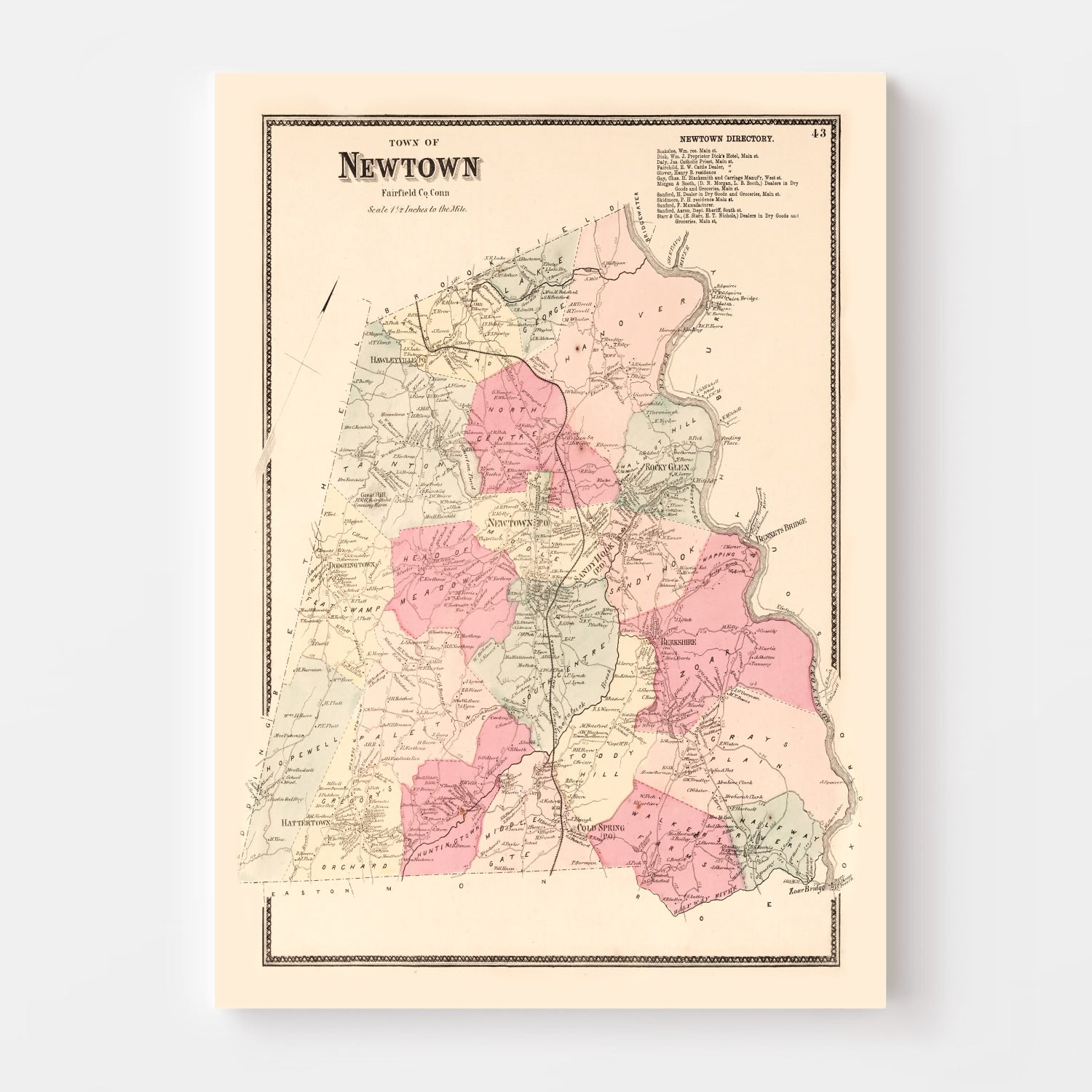 Vintage Map of Newtown, Connecticut 1867