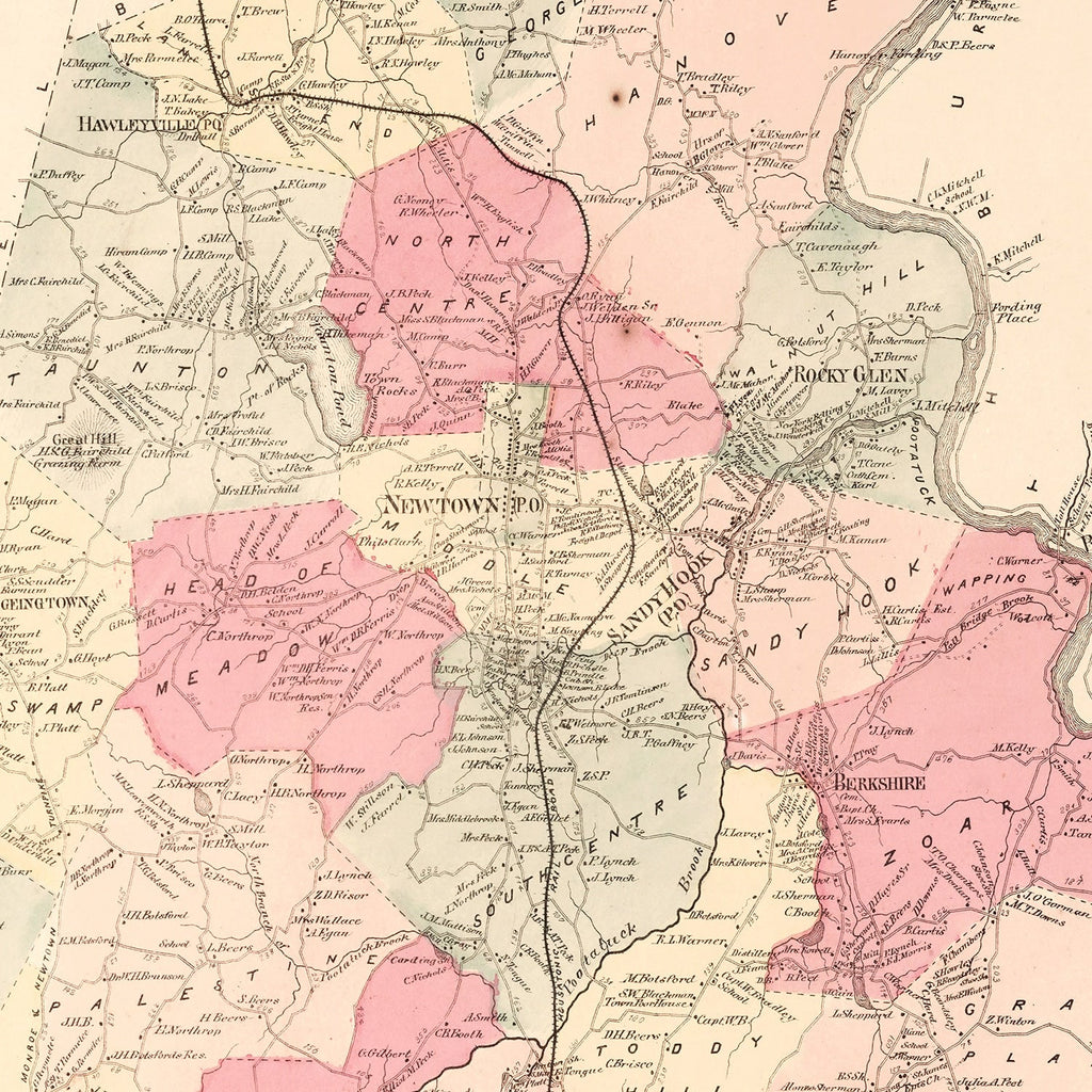 Vintage Map of Newtown, Connecticut 1867