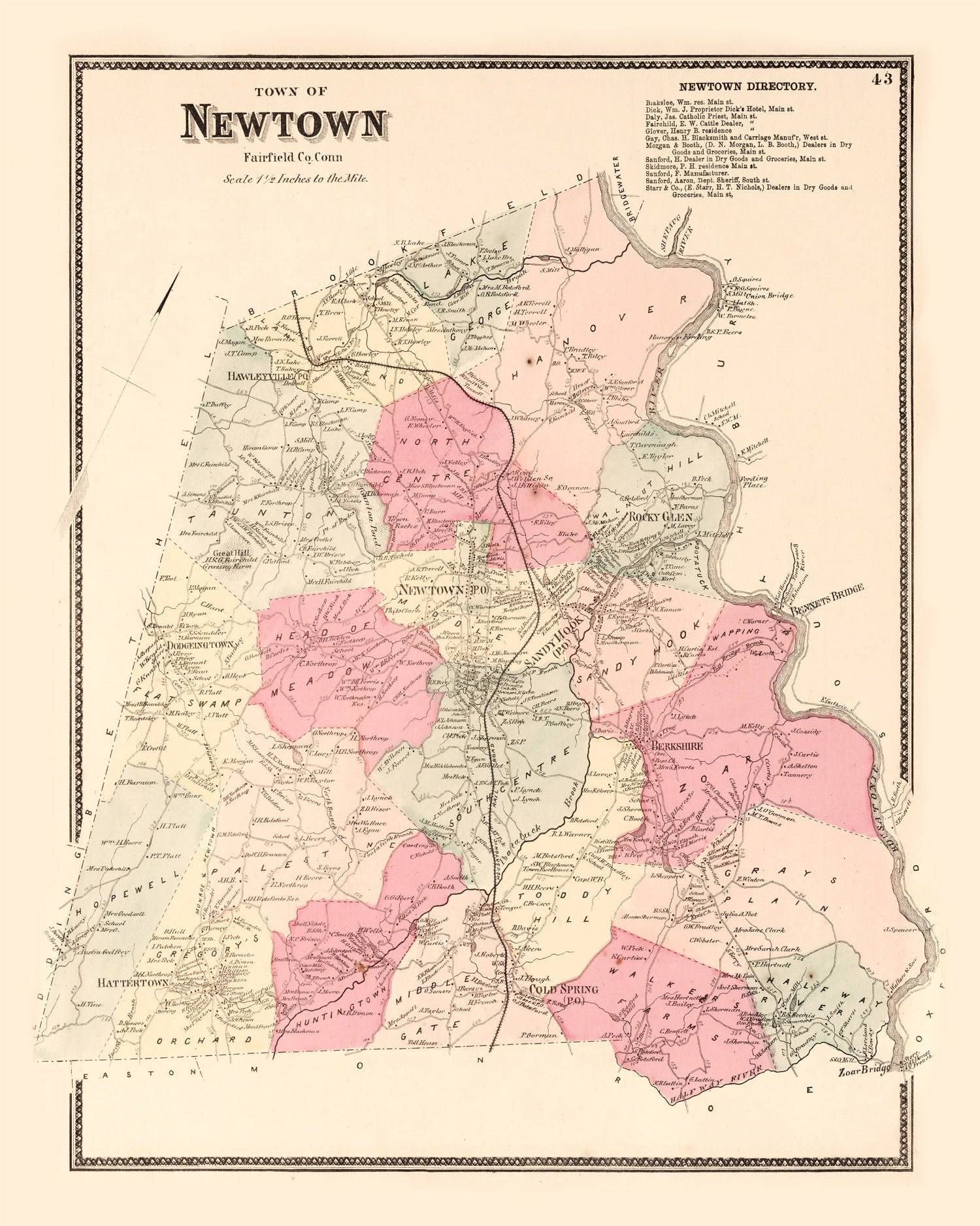 Vintage Map of Newtown, Connecticut 1867