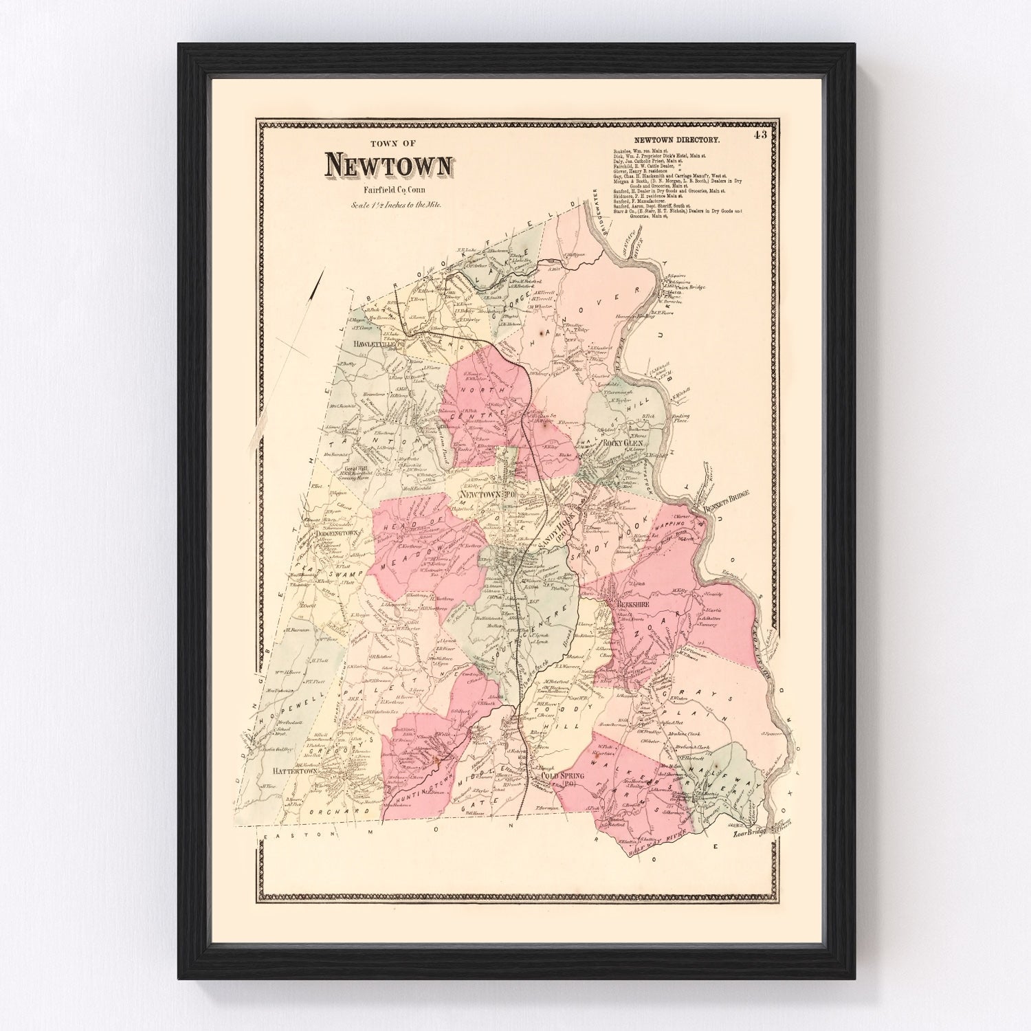 Vintage Map of Newtown, Connecticut 1867