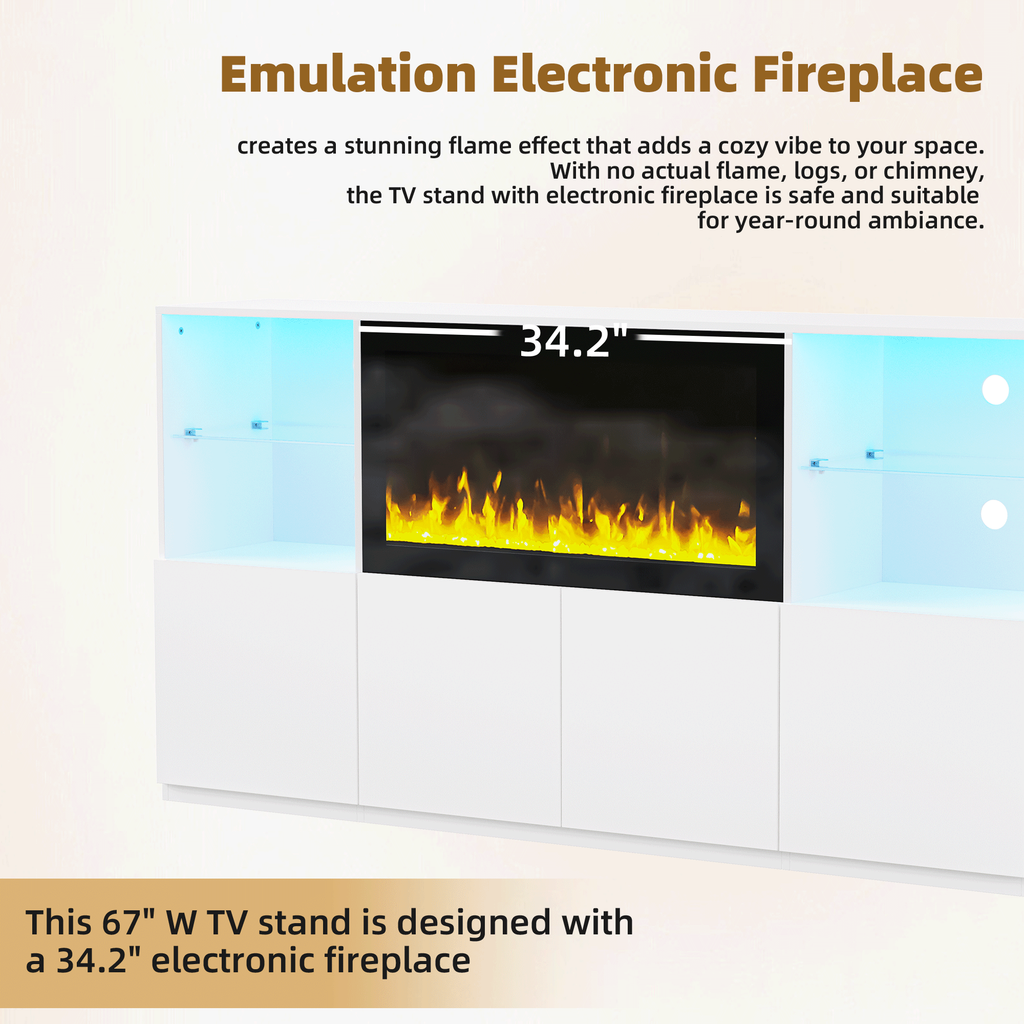 ON-TREND High Gloss TV Stand with 34.2' Non-heating Electric Fireplace, Modern Entertainment Center with LED Light, Media Console with Tempered Glass Shelves for TVs up to 75', Living Room, White