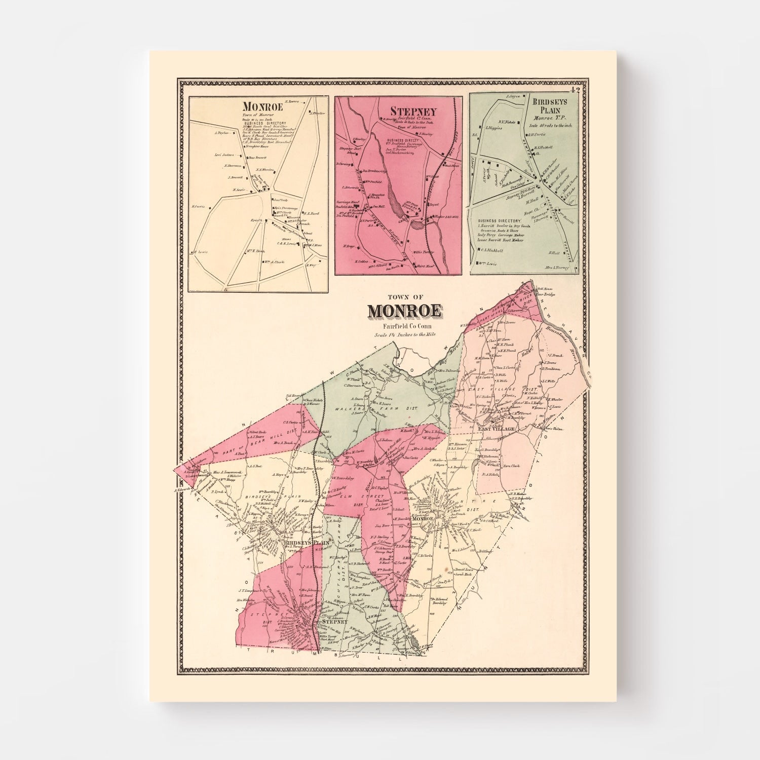 Vintage Map of Monroe, Connecticut 1867