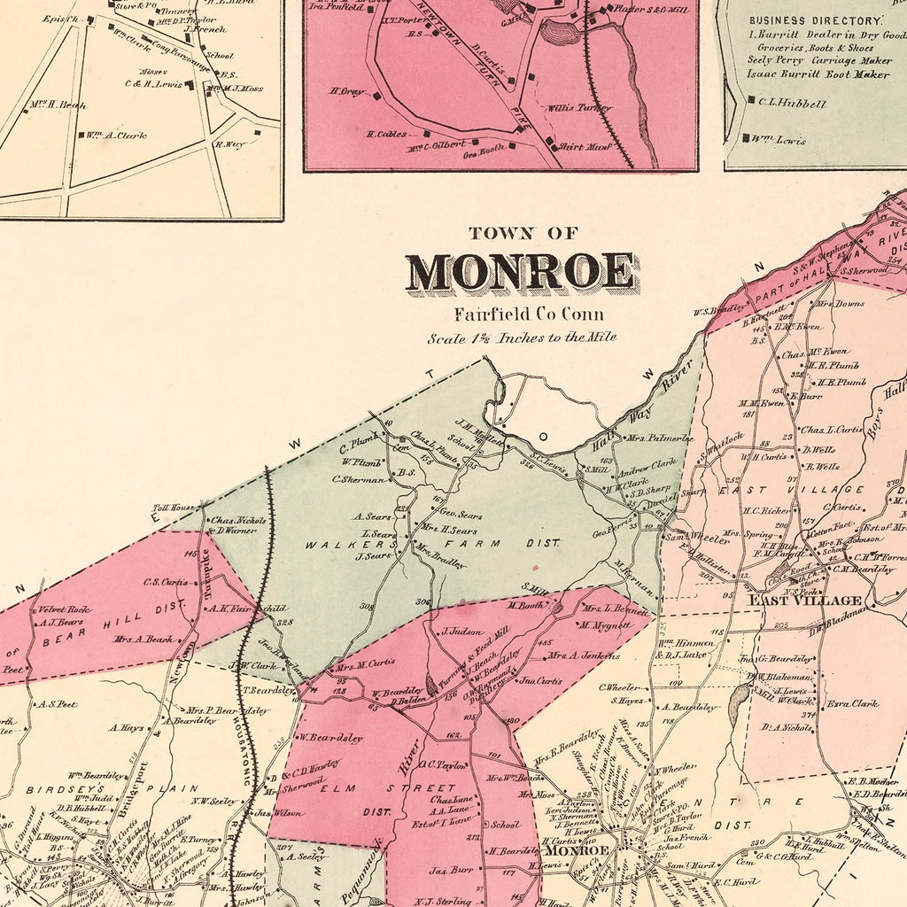 Vintage Map of Monroe, Connecticut 1867