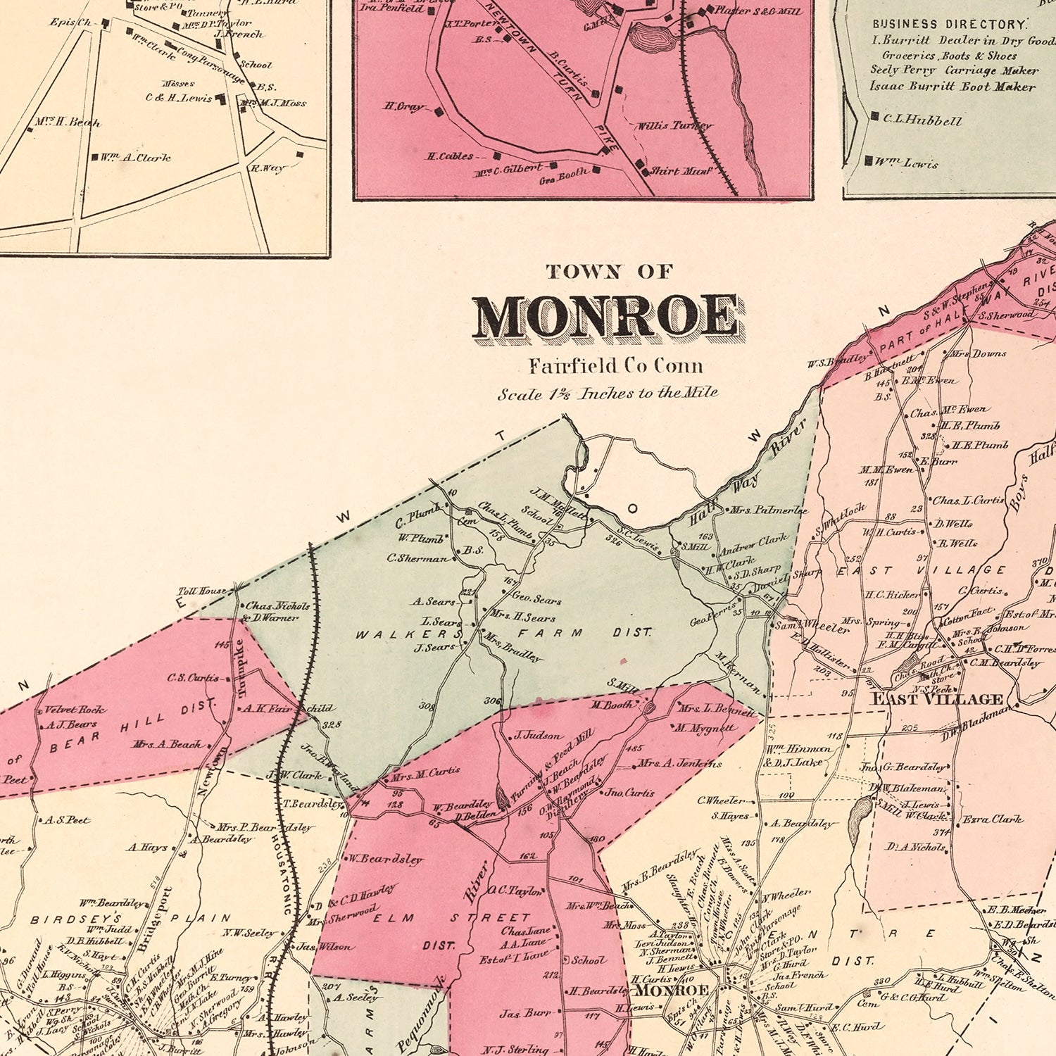 Vintage Map of Monroe, Connecticut 1867