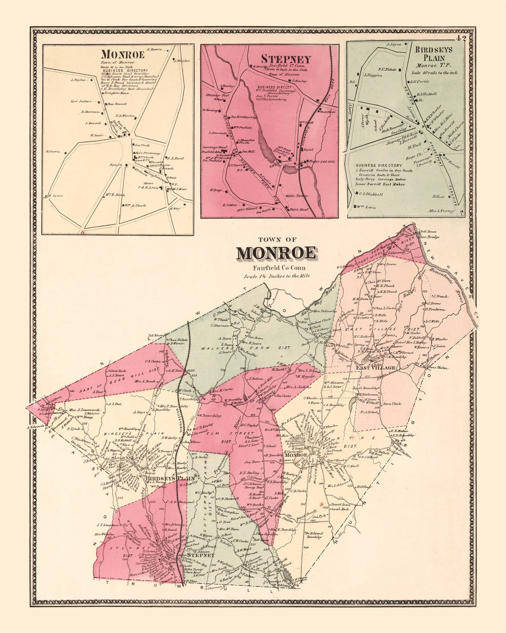 Vintage Map of Monroe, Connecticut 1867
