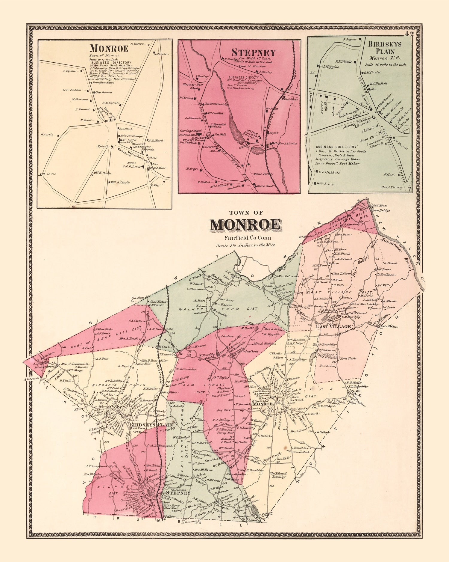 Vintage Map of Monroe, Connecticut 1867