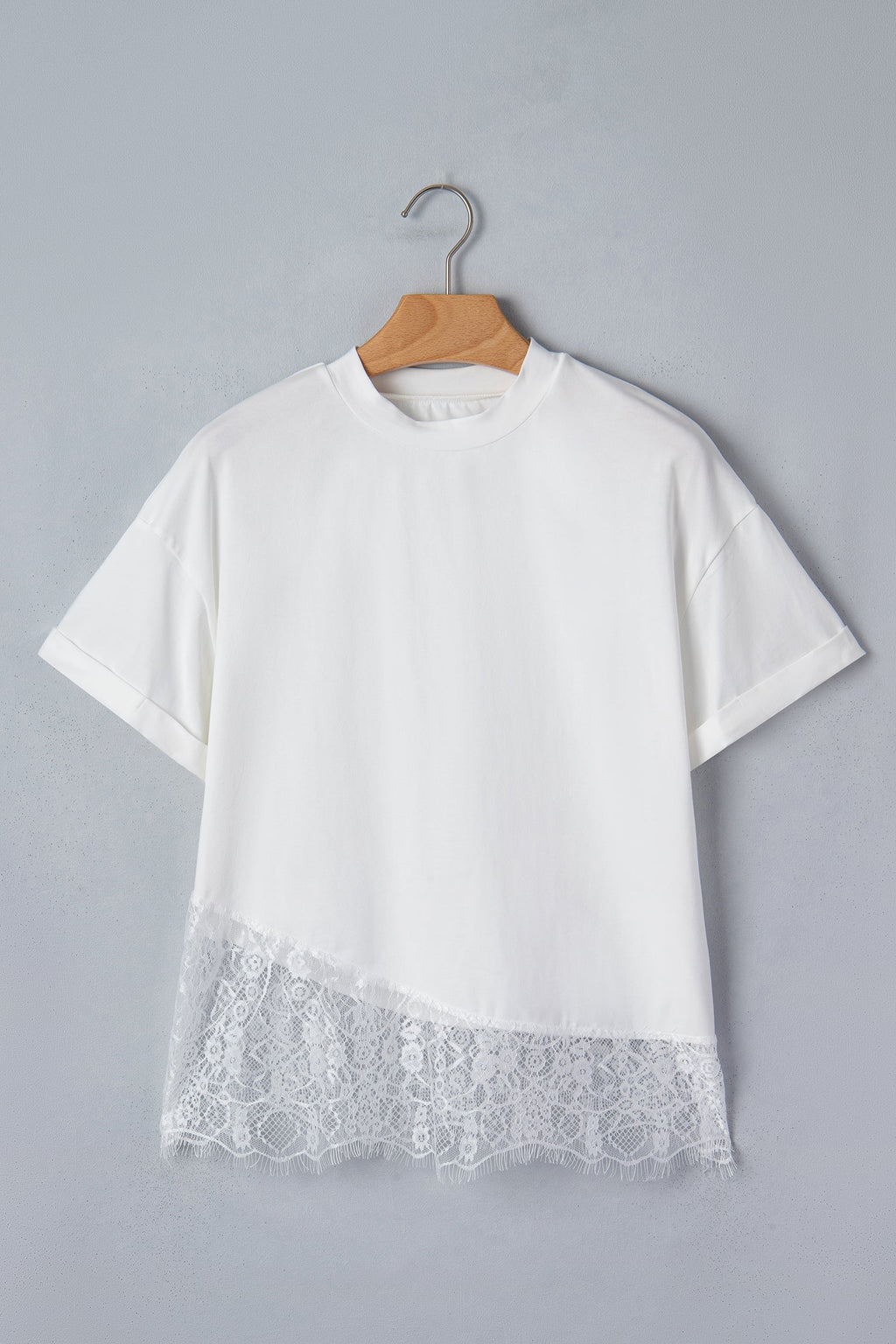 Solid Asymmetric Lace Hem Patchwork T-Shirt