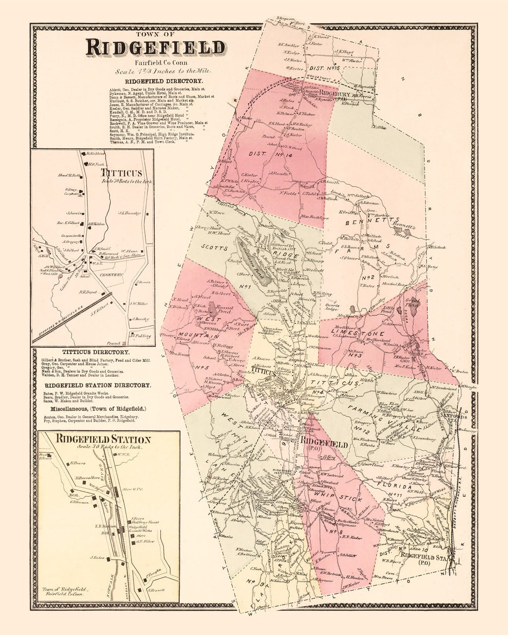 Vintage Map of Titticus, Connecticut 1867