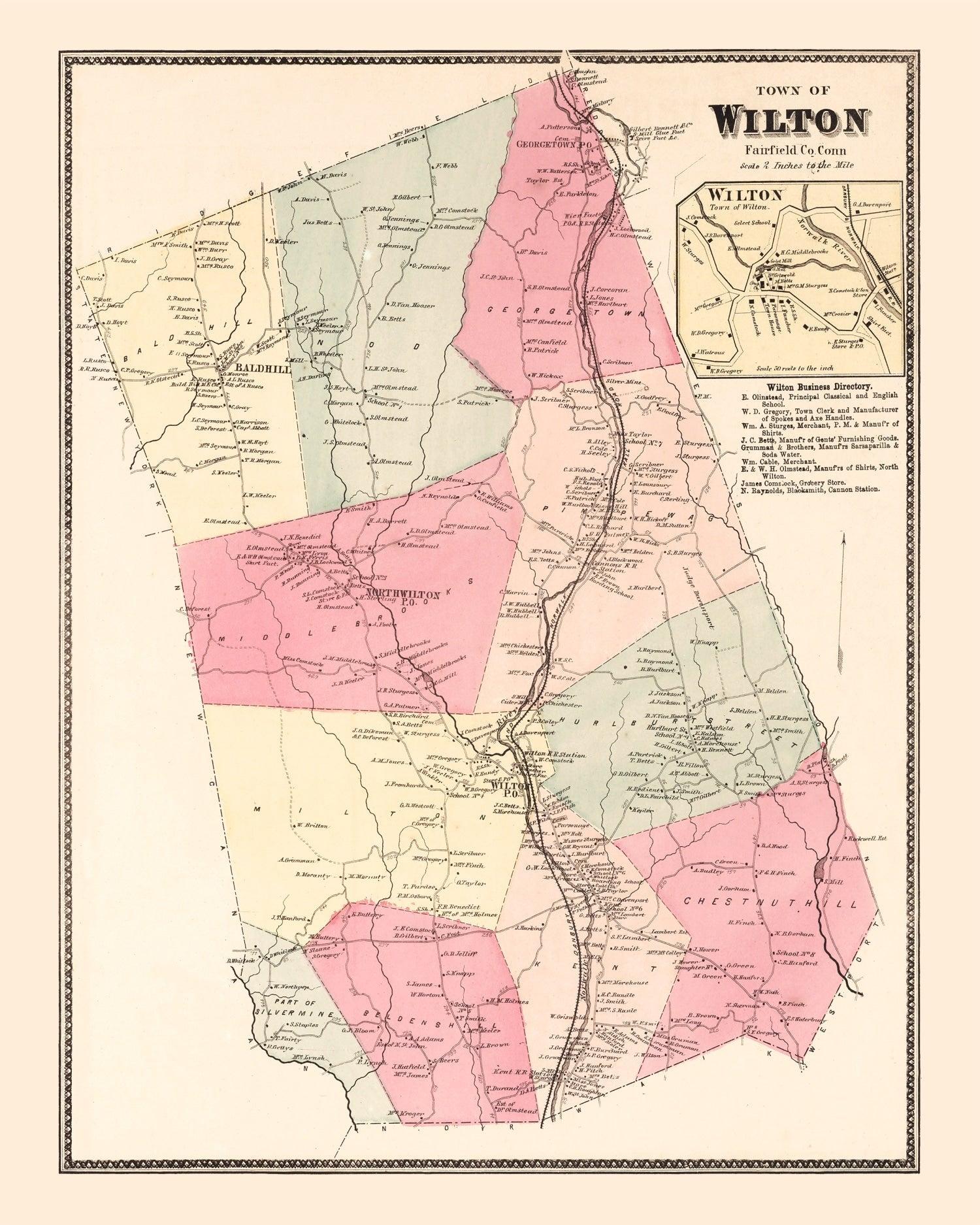 Vintage Map of Wilton, Connecticut 1867