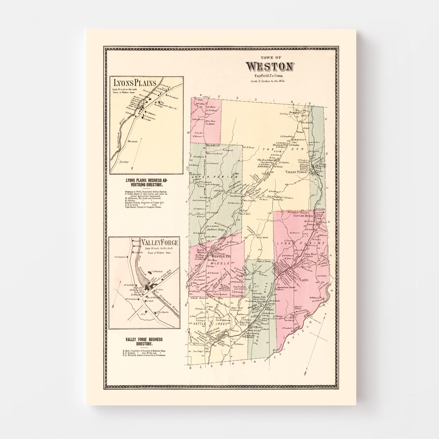 Vintage Map of Lyons Plains, Connecticut 1867