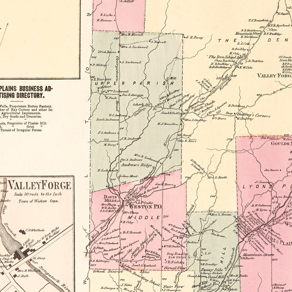 Vintage Map of Lyons Plains, Connecticut 1867