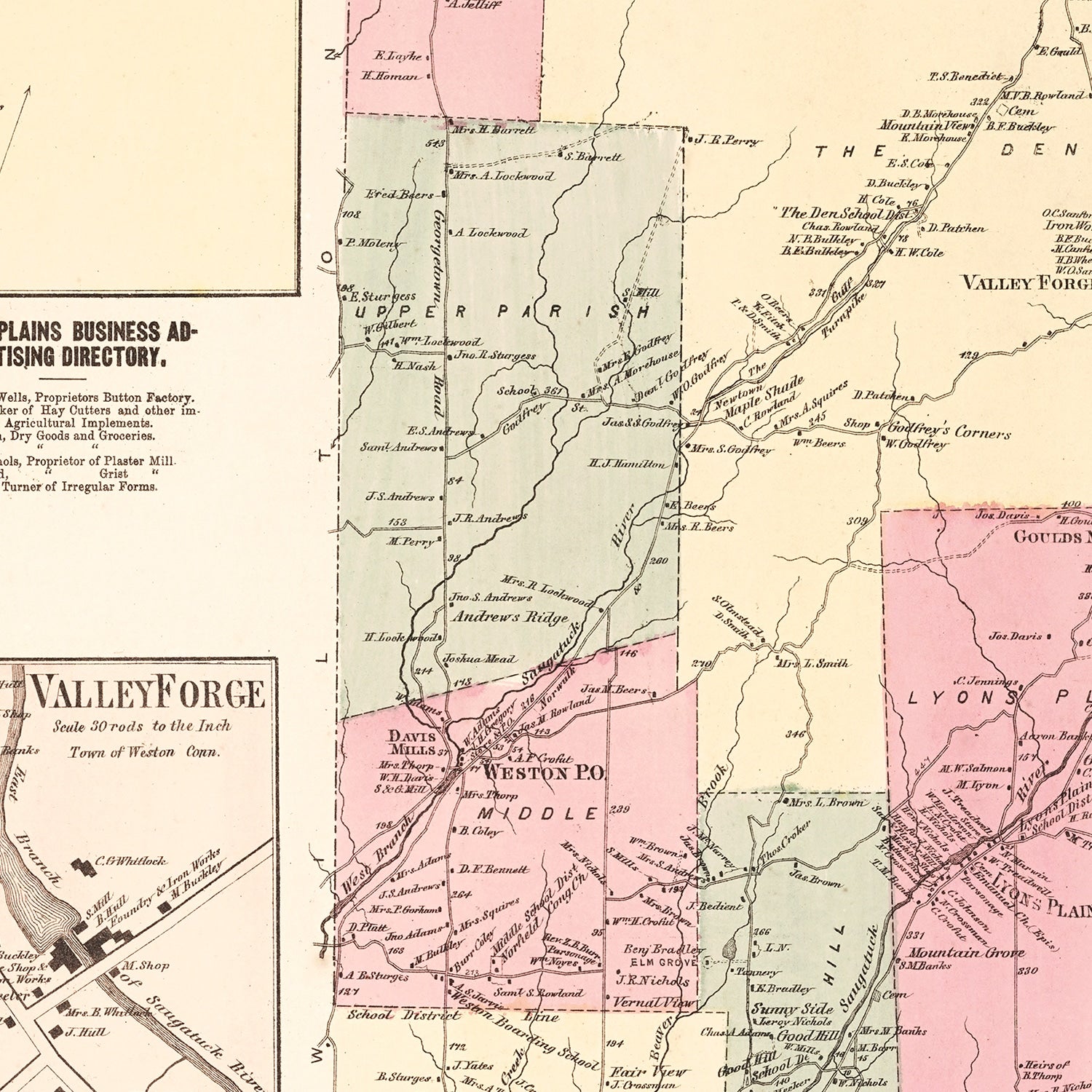 Vintage Map of Lyons Plains, Connecticut 1867