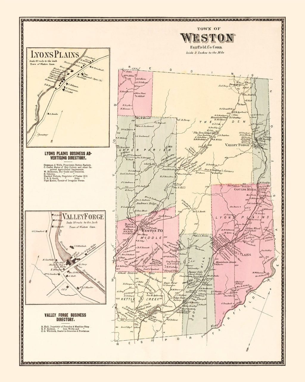 Vintage Map of Lyons Plains, Connecticut 1867