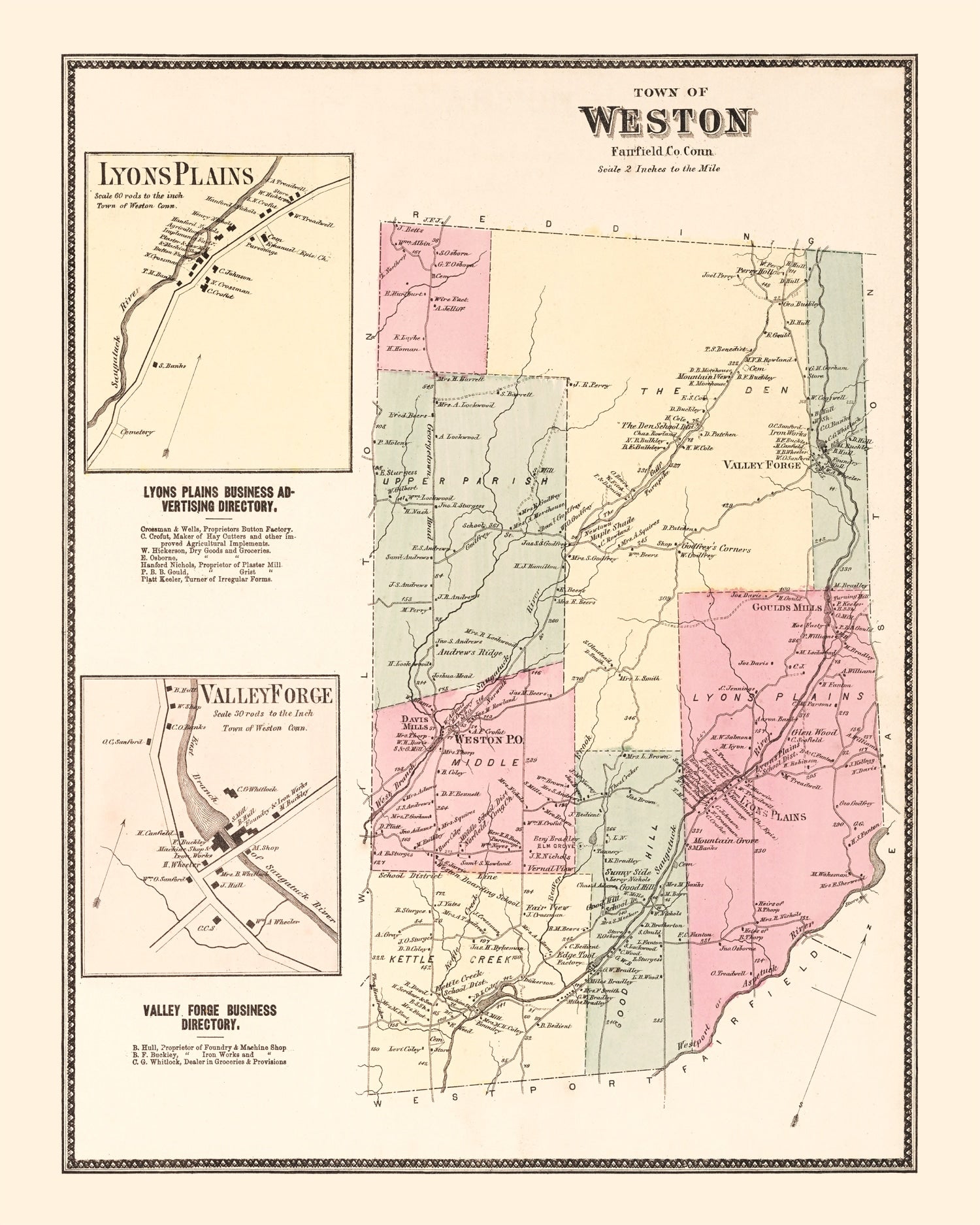 Vintage Map of Lyons Plains, Connecticut 1867
