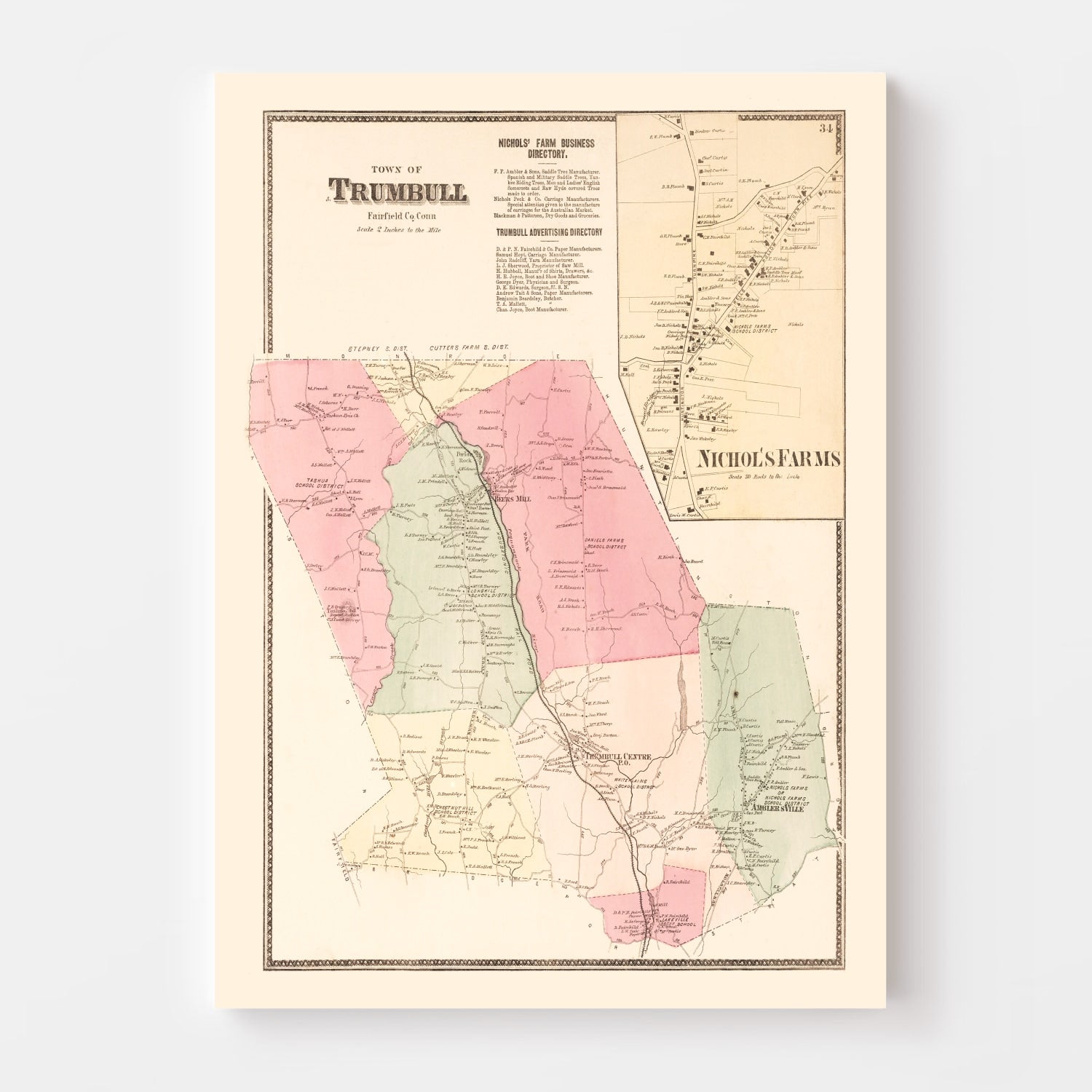 Vintage Map of Nichol's Farms, Connecticut 1867