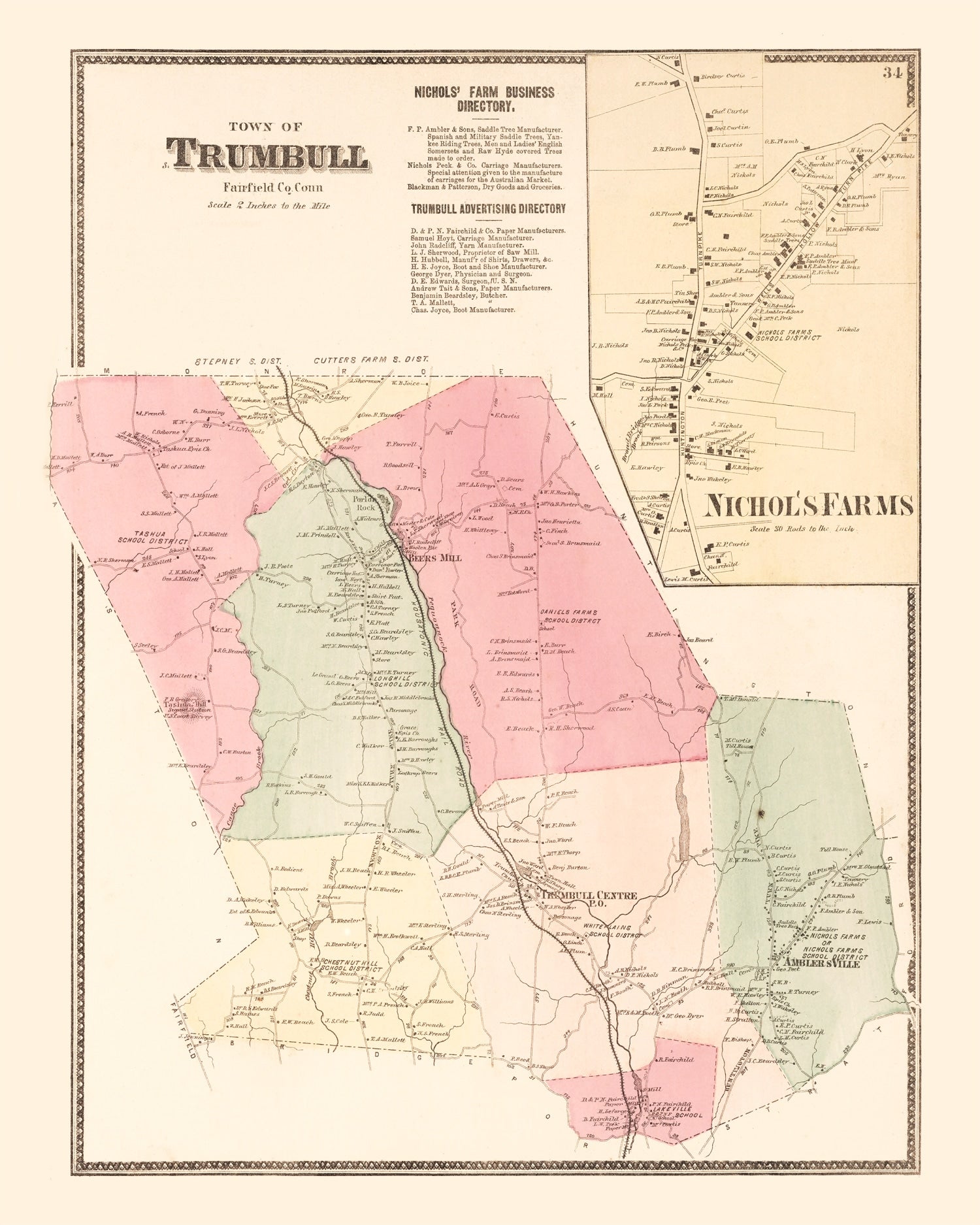 Vintage Map of Nichol's Farms, Connecticut 1867