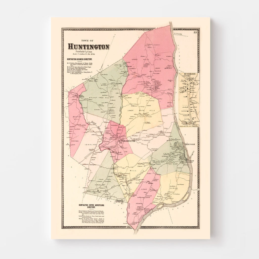 Vintage Map of Huntington Centre, Connecticut 1867
