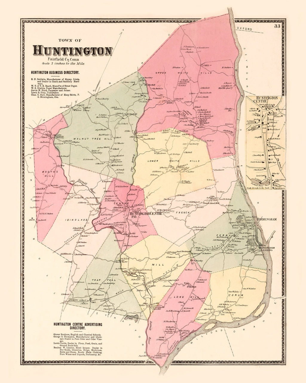 Vintage Map of Huntington Centre, Connecticut 1867