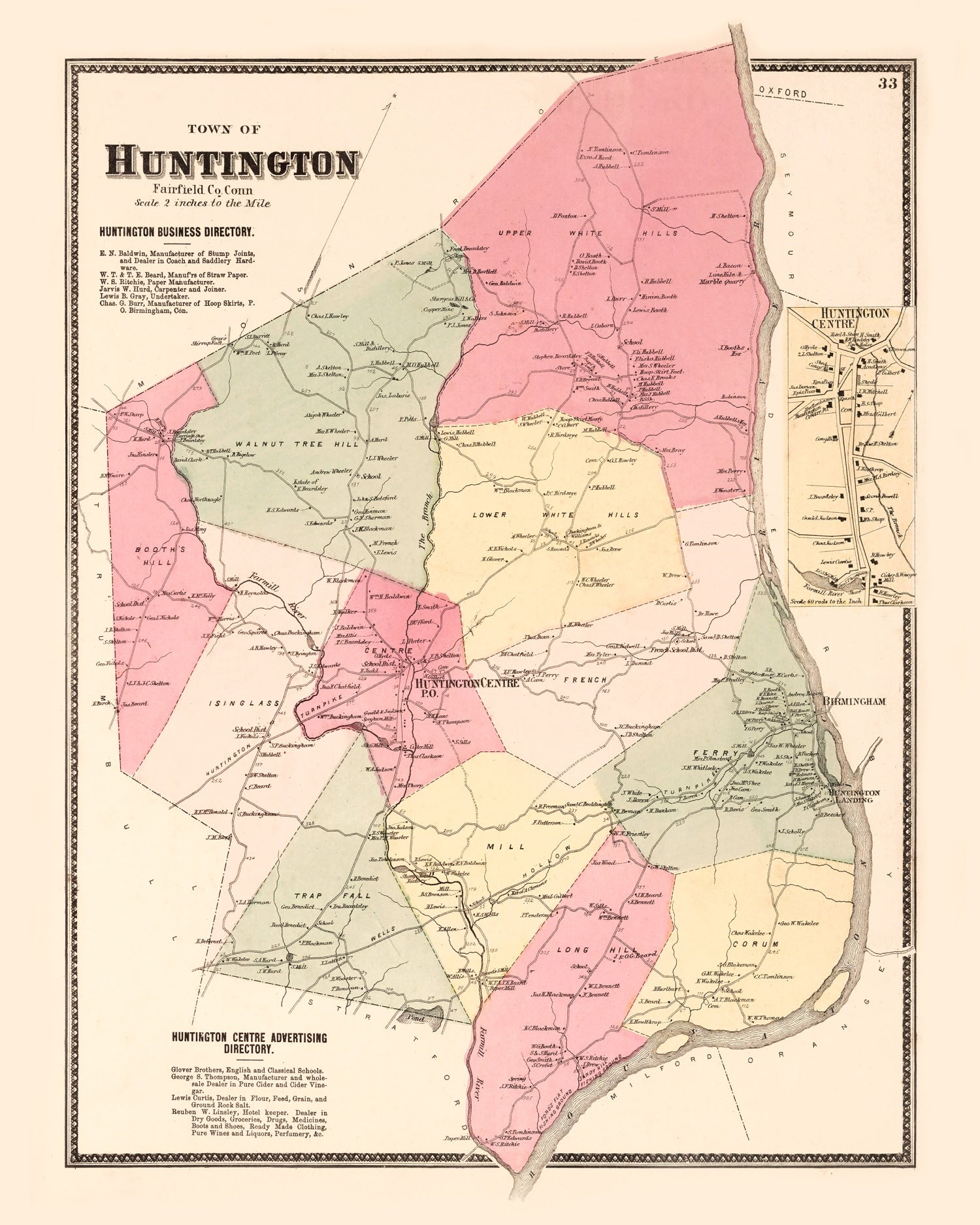 Vintage Map of Huntington Centre, Connecticut 1867