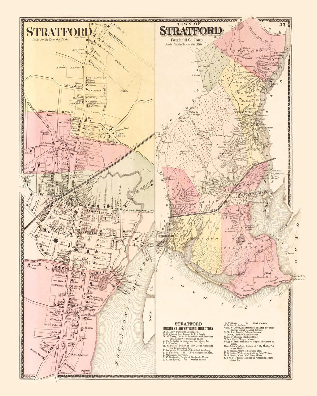 Vintage Map of Stratford, Connecticut 1867