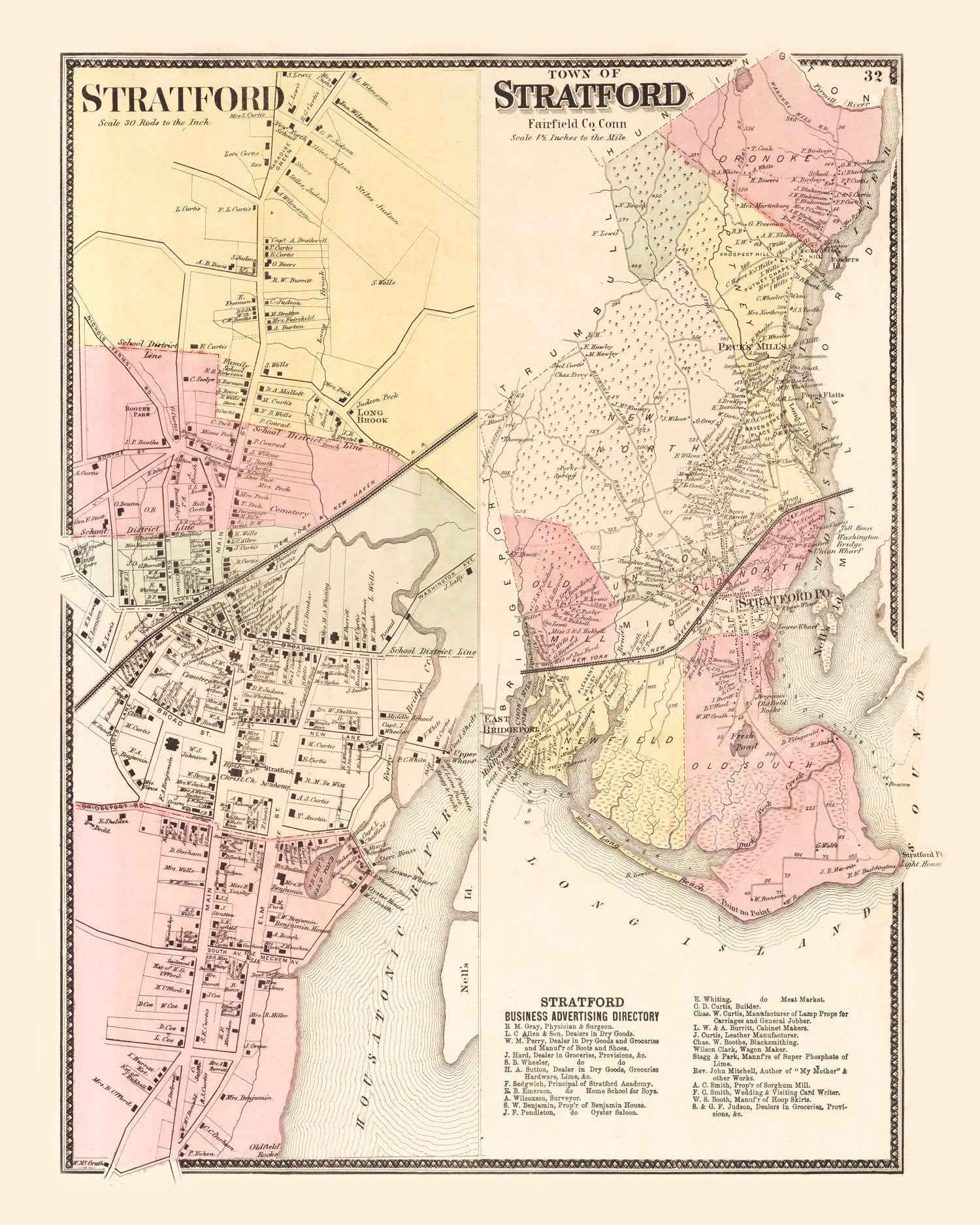 Vintage Map of Stratford, Connecticut 1867