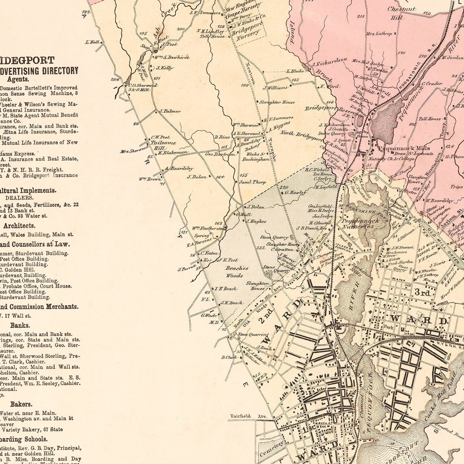 Vintage Map of Bridgeport, Connecticut 1867