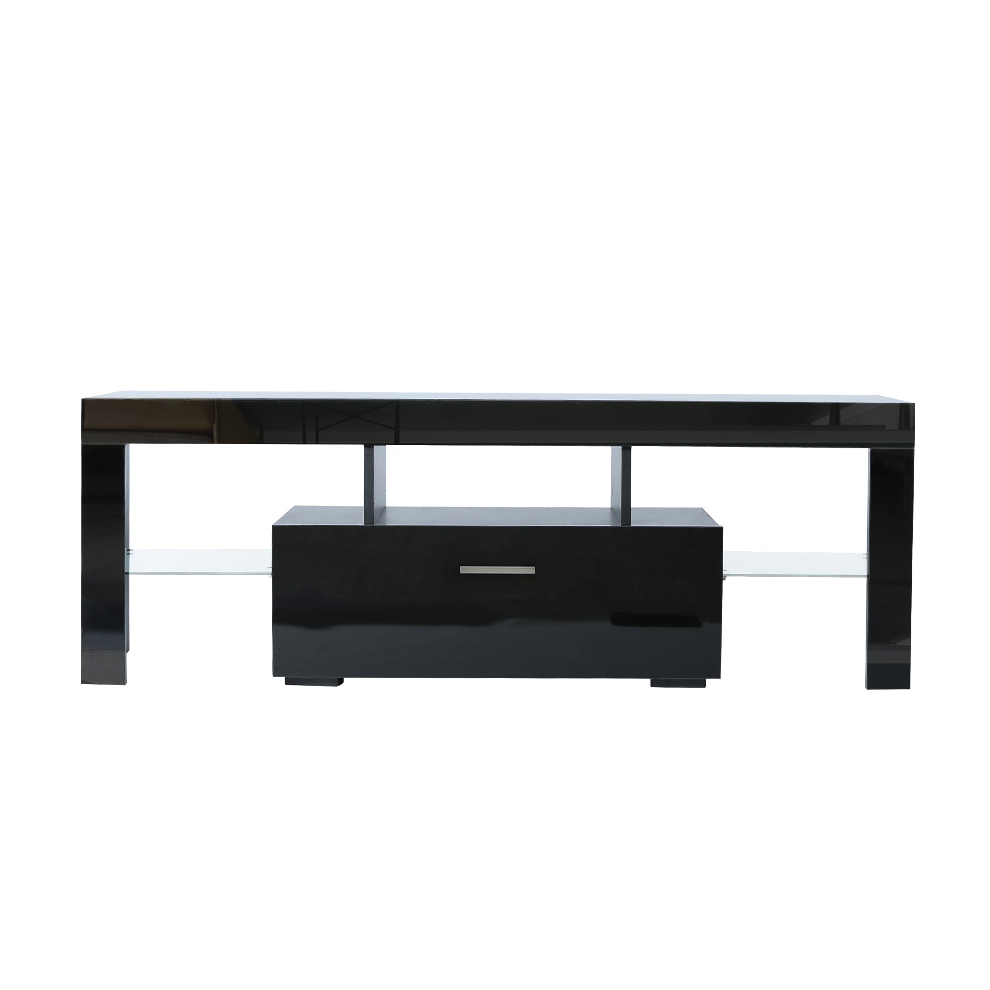 FashionTVstandTVcabinet,EntertainmentCenter,TVstationTV console,media console,with LEDlight belt,light belt remote control,toughenedglassshelf,metal handle,Canbeplaced in the living room,bedroom,black